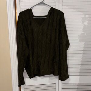 SHEIN Dark Green V-Neck Cable Knit Sweater